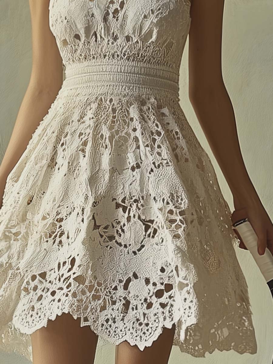 Elegant Sporty Round-neck Sleeveless White Lace Mini Dress