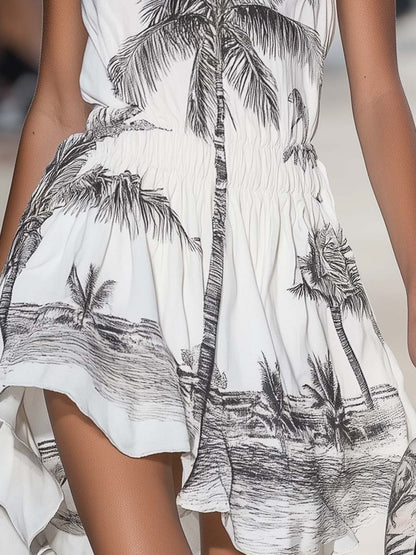 Fashionable Halter Collar Coconut Tree Print White Beach Mini Dress