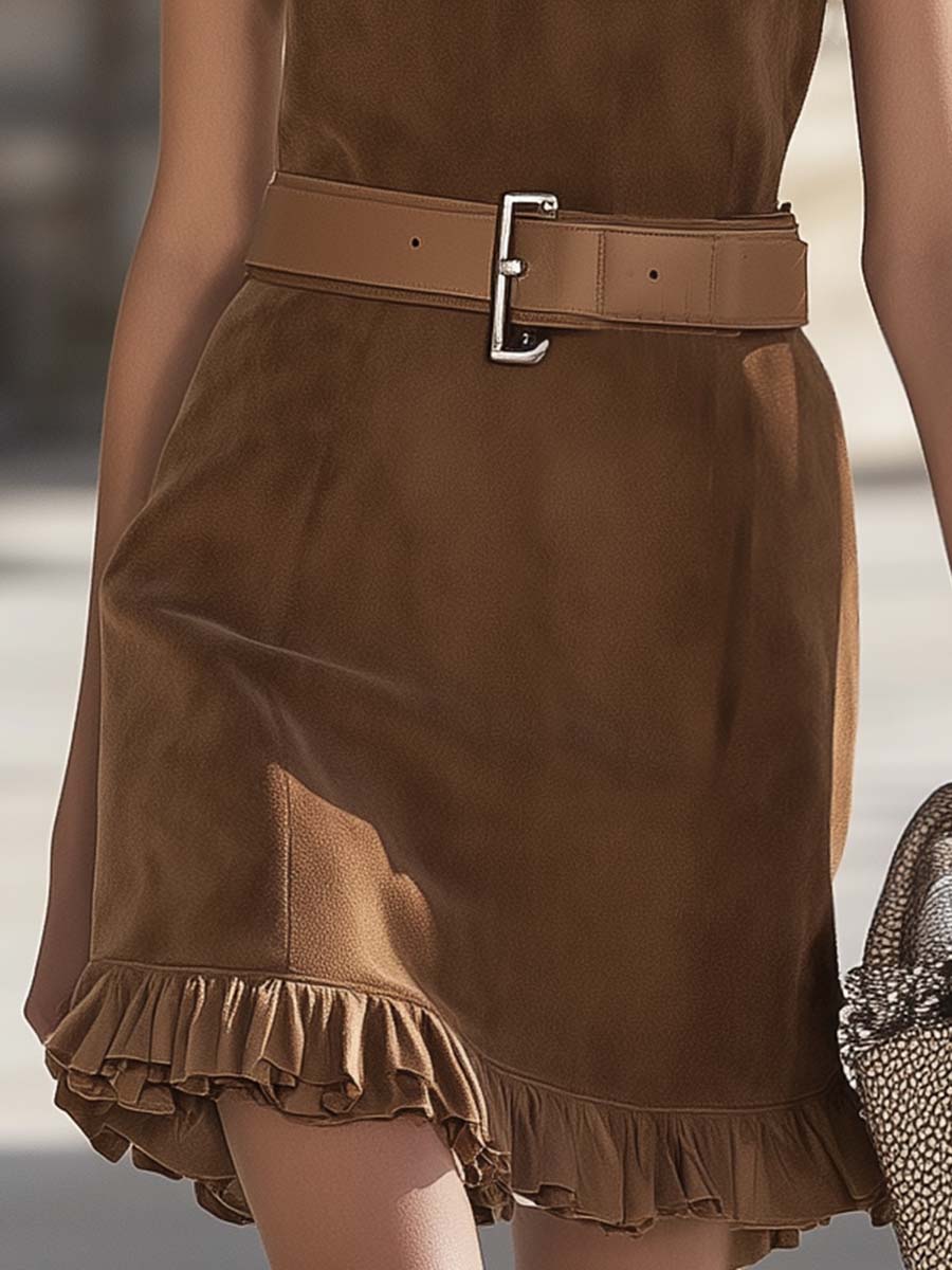 Fashionable and Simple Sleeveless Belted Brown Suede Mini Dress