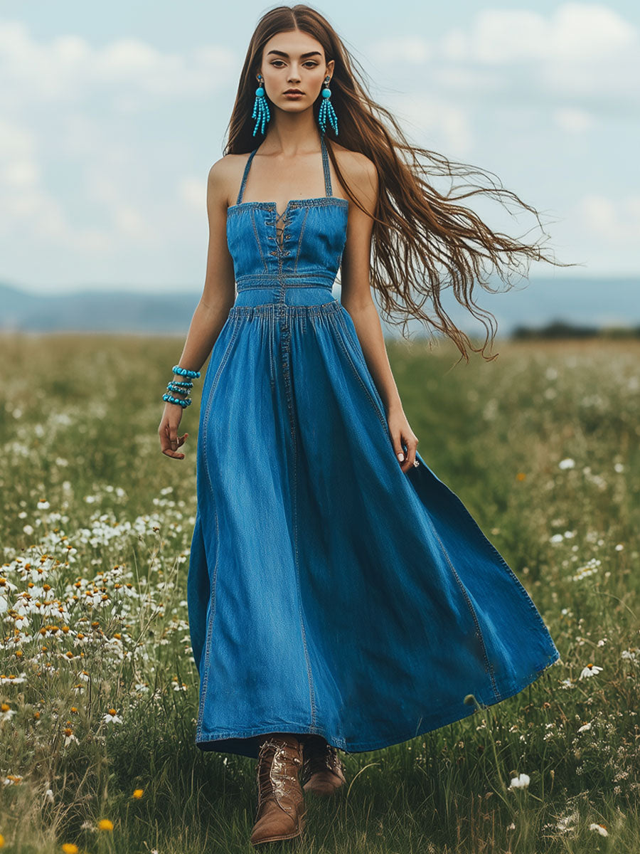 Fashion Retro Square Neck Tie Sleeveless A-Line Denim Maxi Dress