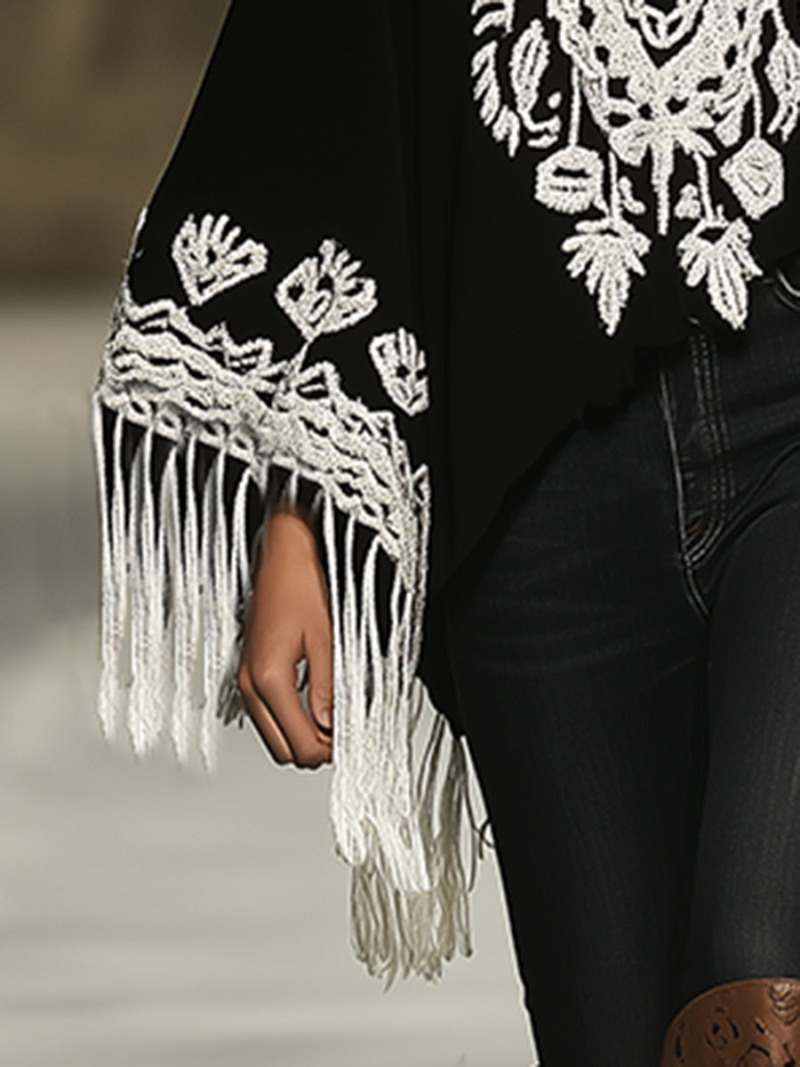 Retro Loose Ethnic Style Fringe Trim Black Cape Top