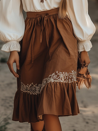 Elegant and Fashionable Bohemian White Embroidery Midi Skirt