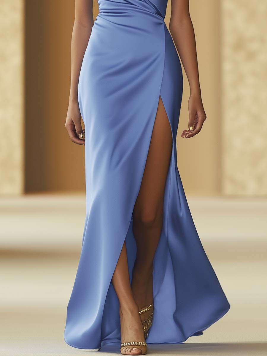 Elegant Blue Satin Asymmetric Slit Maxi Dress