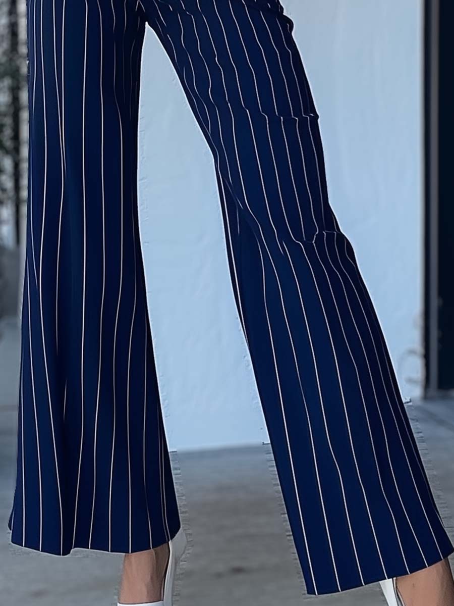 Elegant and Versatile White Striped Metal Waist Chain Navy Blue Pants