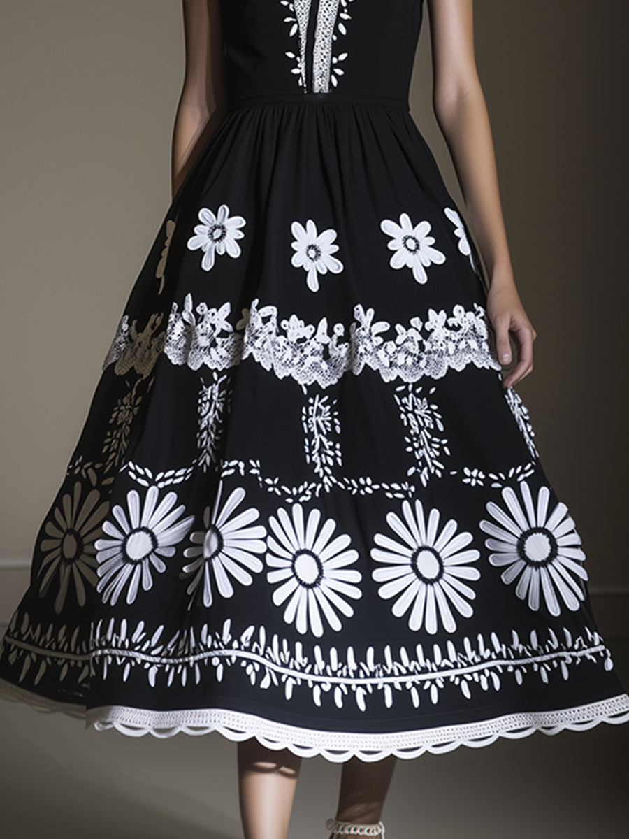 Retro Loose Ethnic Style White Print Black Maxi Dress