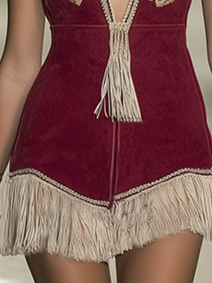 Retro Simple High-end Embroidery Tassel Burgundy Sleeveless Mini Dress