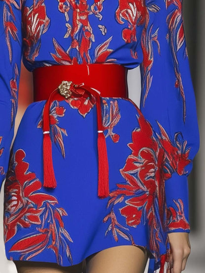 Fashionable Bright Red Floral Print Tassels Cobalt Blue Mini Dress