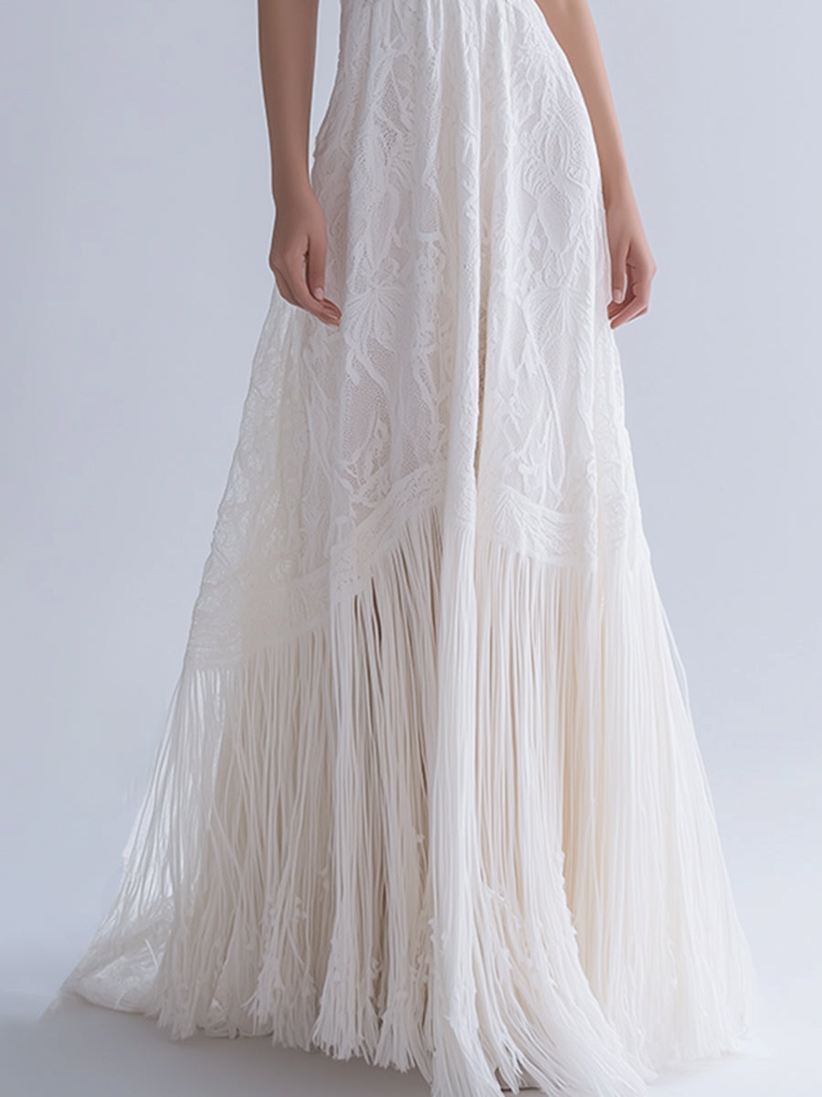 High-end Elegant Simple Lace Splicing Tassel White Maxi Dress