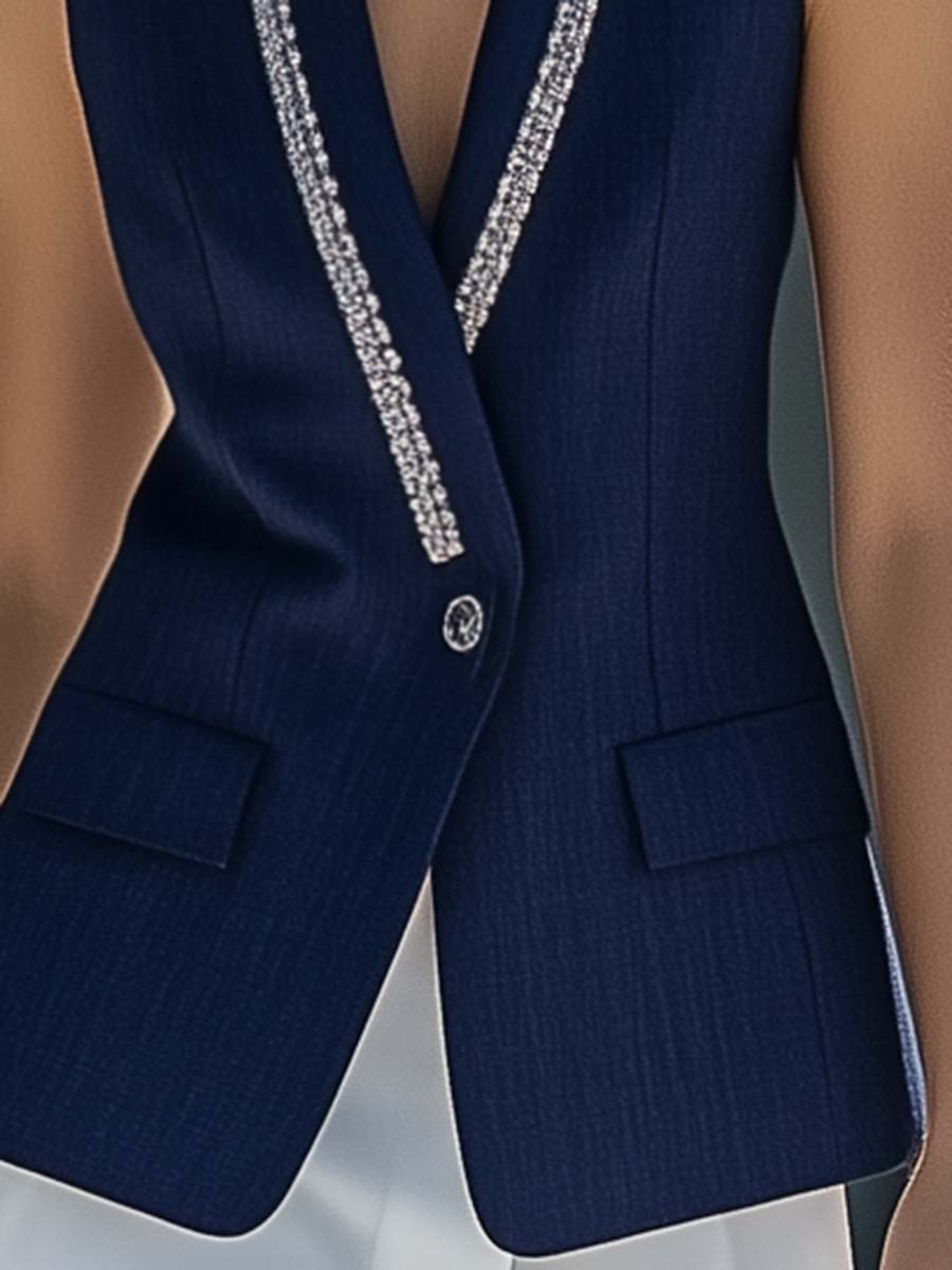 Elegant V-neck Diamond Chain Embellished Navy Blue Blazer Vest