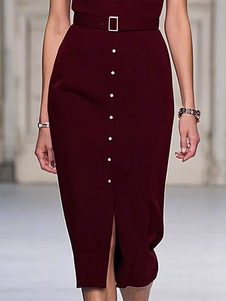 Retro Elegant Fashion Halter Neck Burgundy Midi Dress