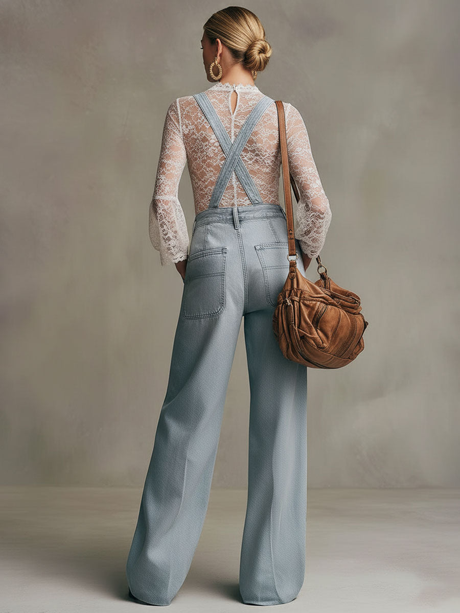 Casual Retro Light Blue Denim Wide-leg Overalls