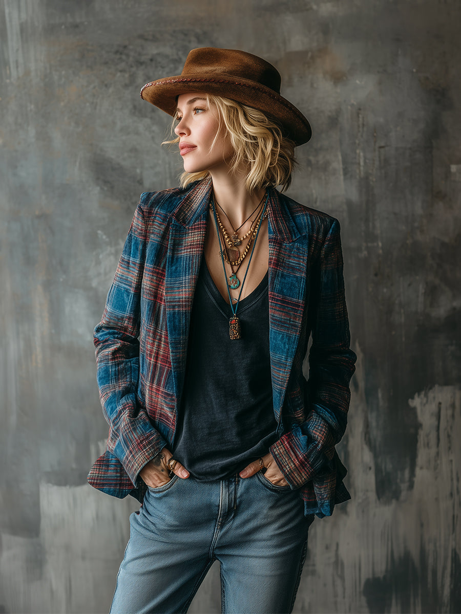 Retro Navy Blue And Red Plaid Velvet Loose Blazer