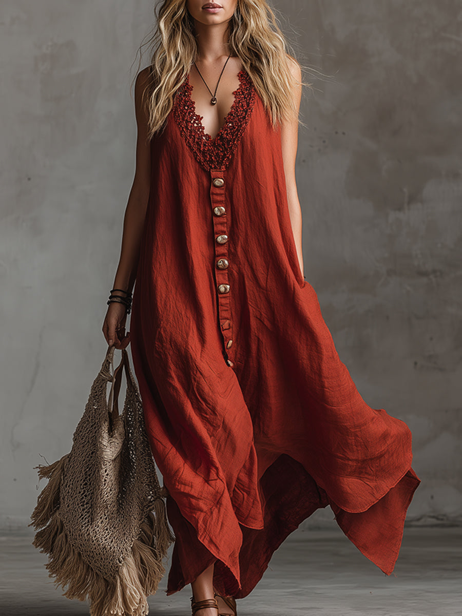 Vintage And Charming Red Cotton And Linen Sleeveless Maxi Dress