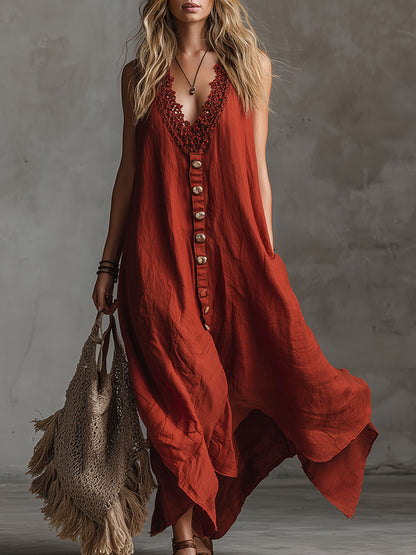 Vintage And Charming Red Cotton And Linen Sleeveless Maxi Dress