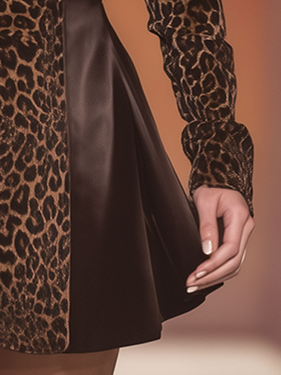 Retro And Elegant Brown Leopard Print Patchwork Satin Mini Dress