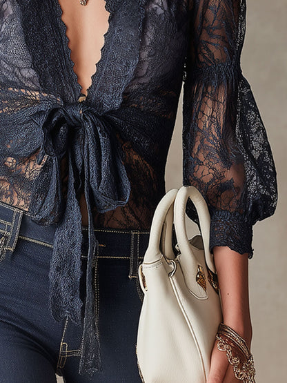 Fashionable Retro V-neck Bow-tie Long-sleeved Navy Blue Lace Shirt