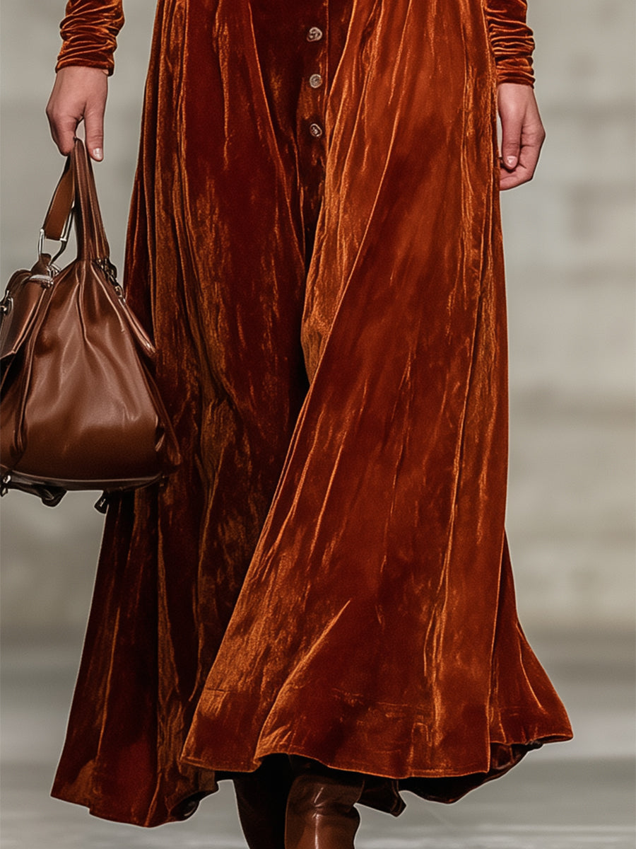 Western Orange Velvet Stand Collar Button Maxi Dress