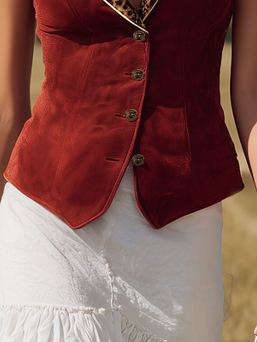 Western Retro Leopard Print Collared Red Faux Suede Vest