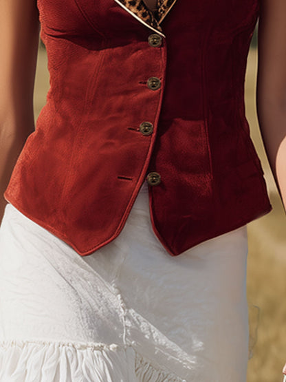 Western Retro Leopard Print Collared Red Faux Suede Vest