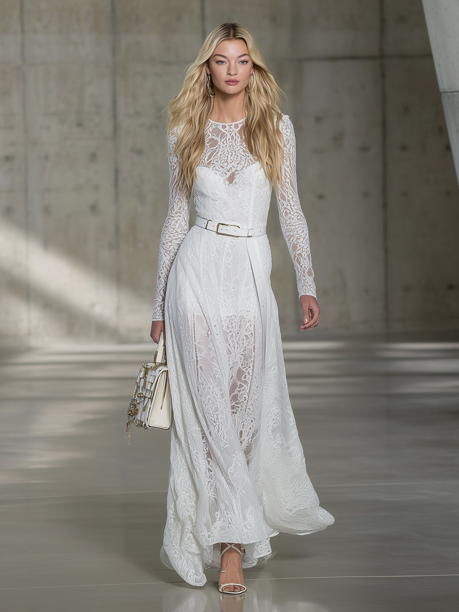 Stylish White Lace Long-sleeved Maxi Dress