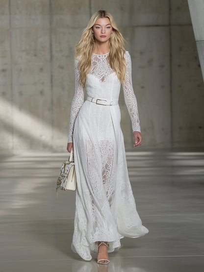 Stylish White Lace Long-sleeved Maxi Dress