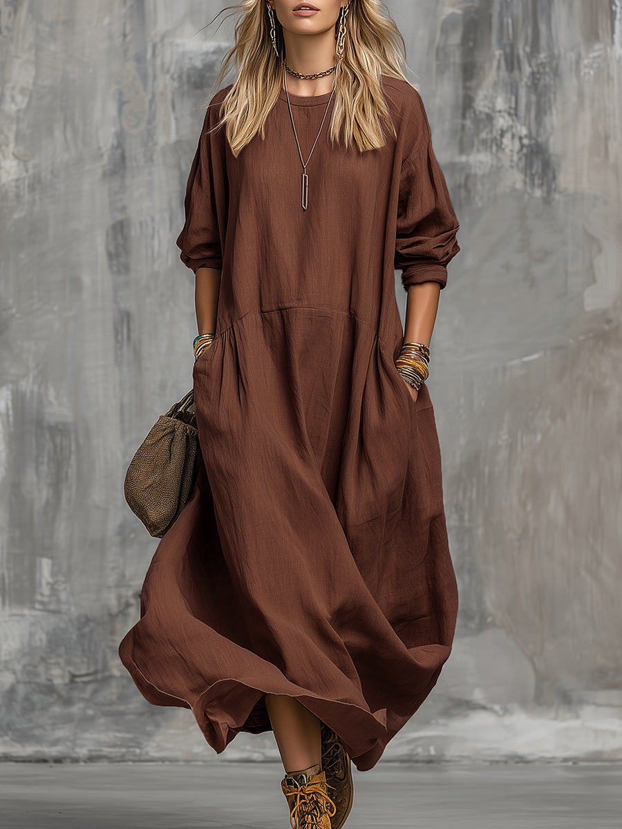 Retro Casual Solid Color Cotton And Linen Long-sleeved Midi Dress