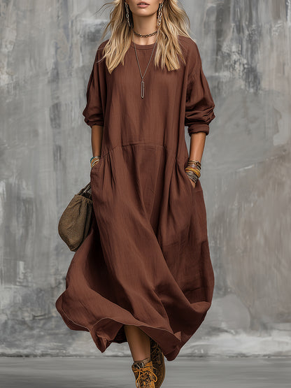 Retro Casual Solid Color Cotton And Linen Long-sleeved Midi Dress