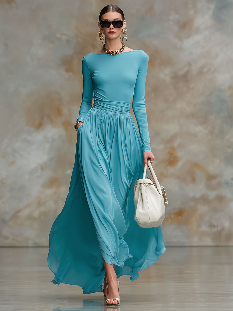 Fashionable Retro Long-sleeved Lake Blue Cotton Chiffon Maxi Dress