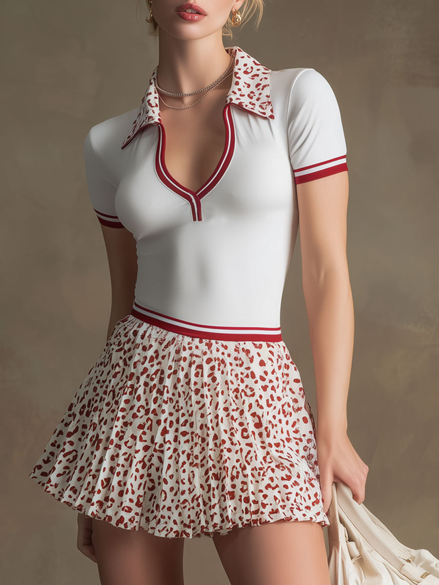 Sporty Retro White Lycra Pleated Leopard Print Chiffon Skirt Set