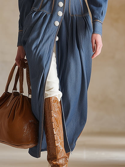 Retro-chic Color-blocked Topstitching Blue Denim Maxi Dress