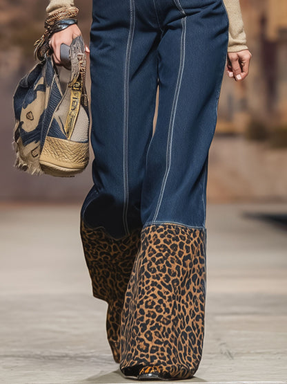 Western-style Leopard Print Patchwork Denim Wide-leg Pants