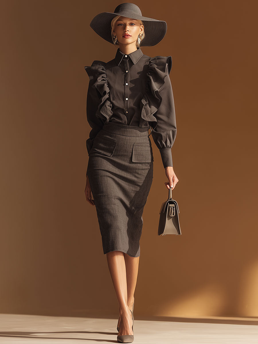 Urban Chic Grey Ruffled Blouse And Skirt Set