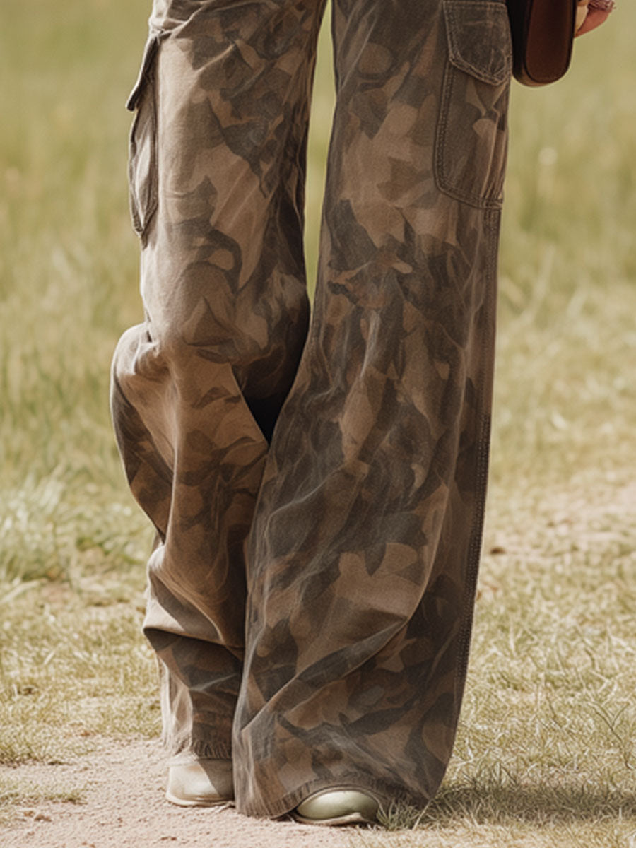 Western-style Camouflage Print Multi-pocket Pants