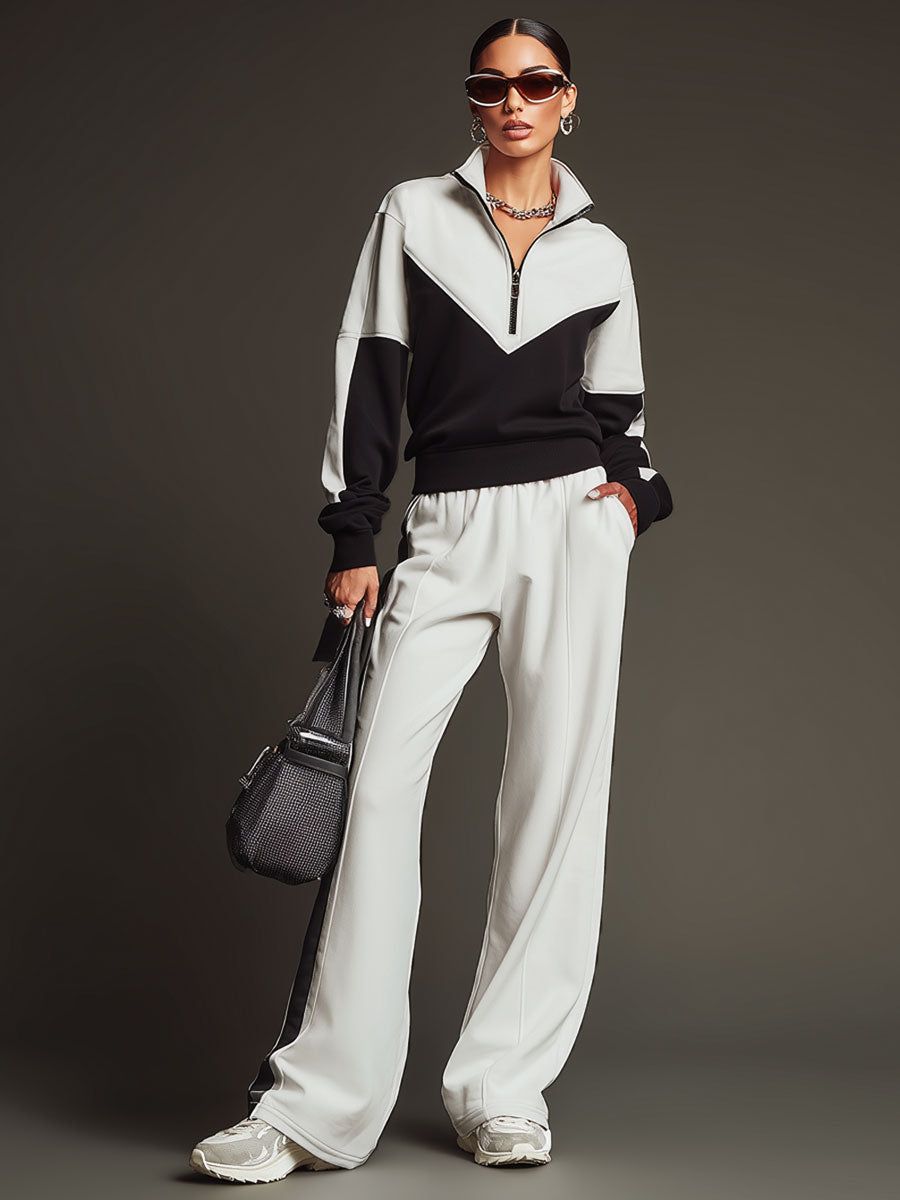 Retro Sporty Black And White Half-zip Sweatshirt And Wide-leg Pants Set