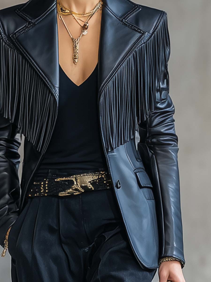 Vintage Fashion Handsome Notch Lapel Shoulder Tassel Decoration Black Leather X-shaped Blazer