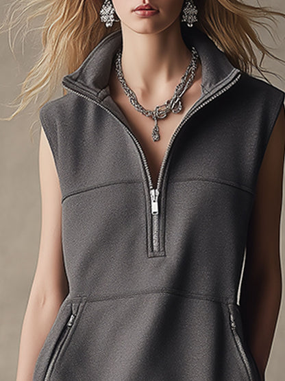 Casual And Stylish White Lace-trimmed Gray Sleeveless Mini Dress