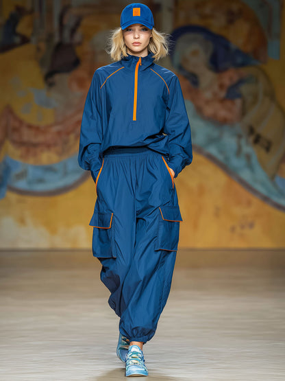 Sporty Color-blocked Stand-collar Zip-up Top And Pants Set