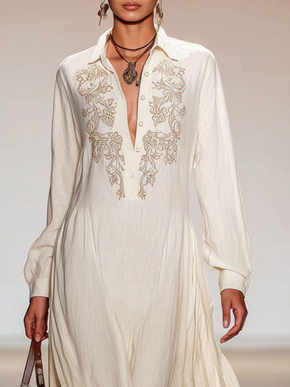 Lapel Half-open Button Cotton Linen Embroidered Long-sleeved Maxi Dress