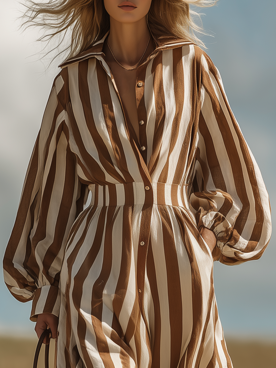 Retro Western Style Striped Collared Shirt Long Dress