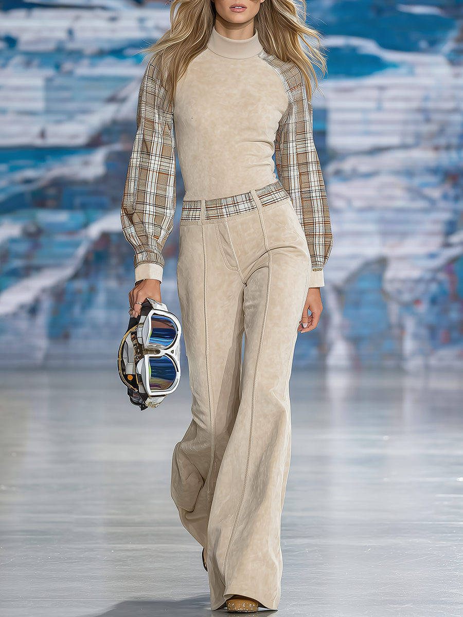 Elegant Plaid Patchwork Faux Suede Top And Flared Trousers Set