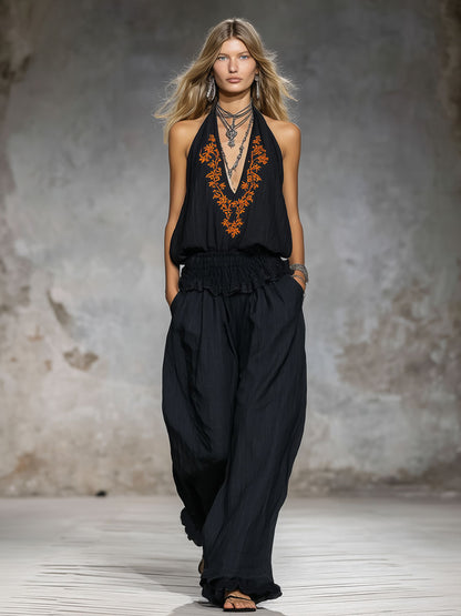 V-neck Vintage Floral Embroidered Sleeveless Cotton Top And Pants Set