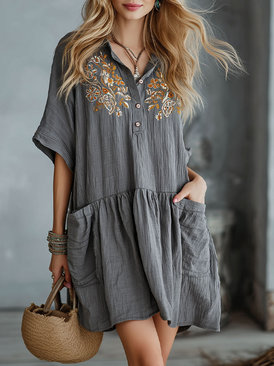Gray Cotton And Linen Collared Button-down Short-sleeved Mini Dress