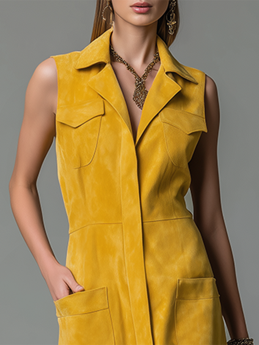 Fashionable Retro Lapel Zipper Closure Faux Suede Midi Dress