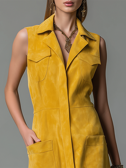 Fashionable Retro Lapel Zipper Closure Faux Suede Midi Dress