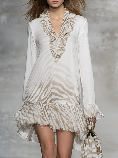 Retro Zebra Print Ruffled V-neck Chiffon Mini Dress