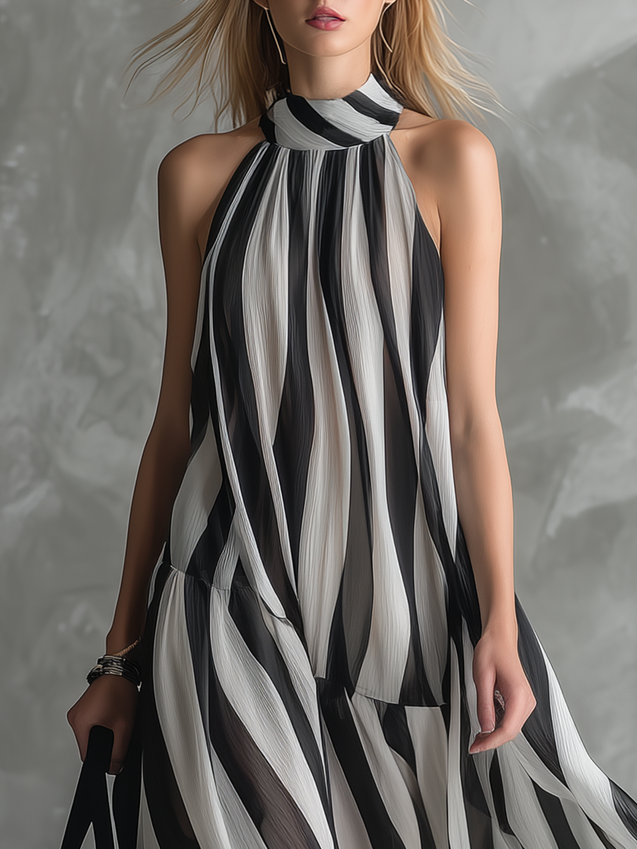 Stylish Relaxed Resort-style Stand-collar Striped Chiffon Maxi Dress