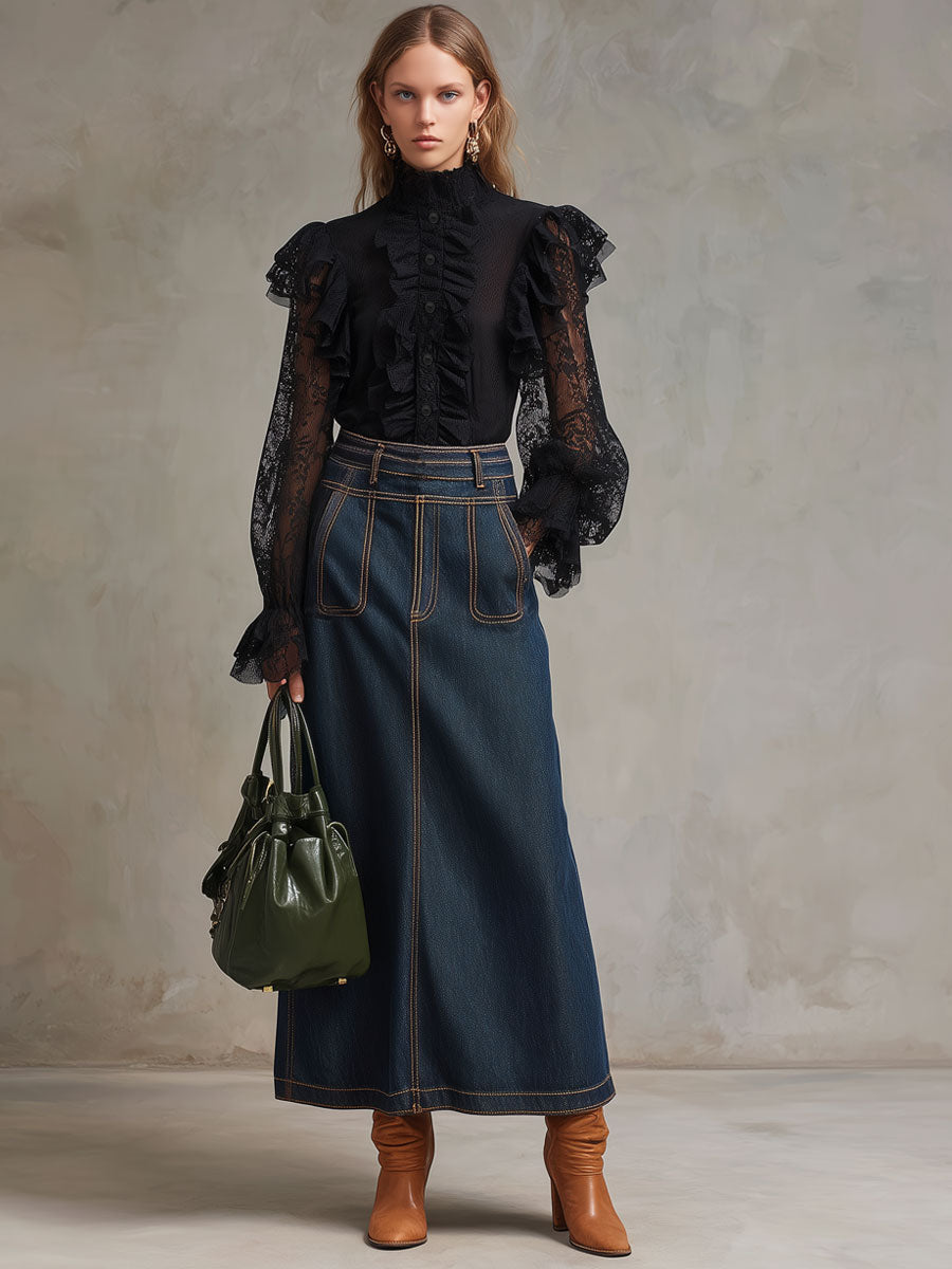 Fashionable Retro Black Lace Mesh Ruffled Long-sleeved Shirt