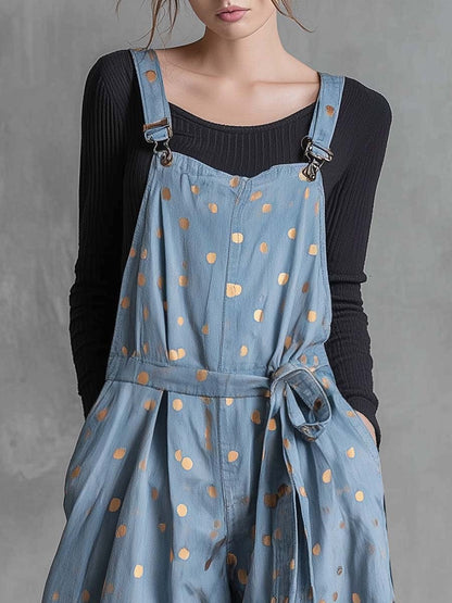 Vintage Fashion Waist Tie  Gold Polka Dots Light Blue Denim Jumpsuit Overalls