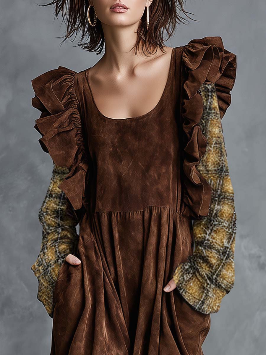 Elegant Vintage Bubble Hem Distressed Plaid Sleeves Brown Suede Midi Dress