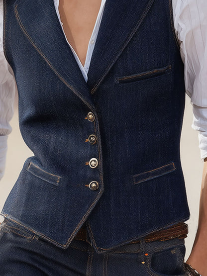 Retro-style Collared Multi-pocket Single-breasted Denim Vest